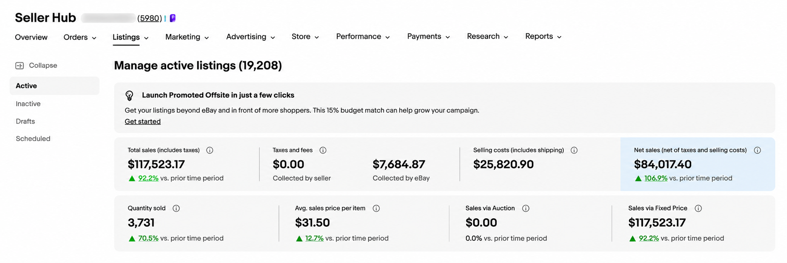 eBay Seller Hub sales report showing $117,523 in total sales
